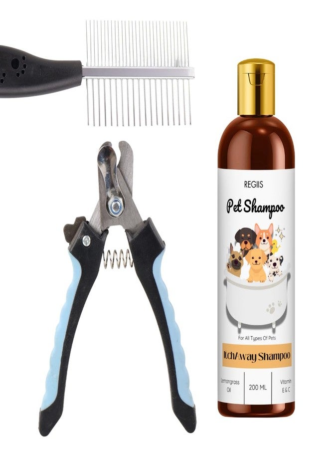REGIIS Pet Grooming Kit, Multicolour, Dog Nail Clipper with Metal Comb and Pet Shampoo, 200 ML, Soft Bristles, Curved Shape, Silicone Handle - Image 1